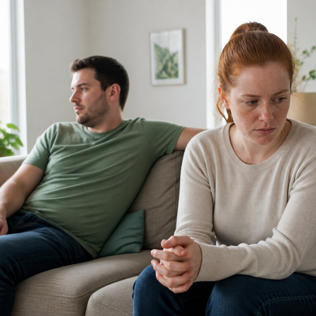 Couple having a strained conversation on a living room sofa