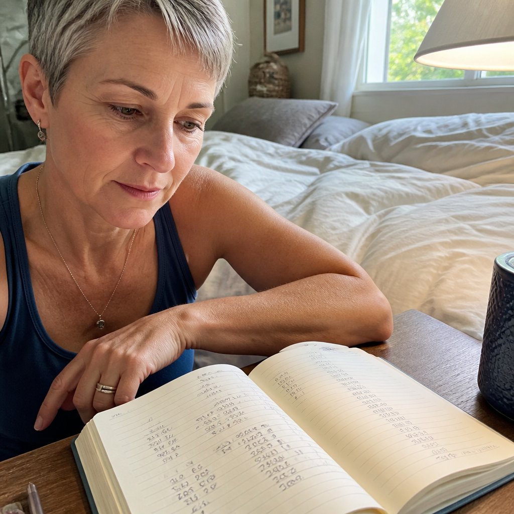 Open journal with coded notes; woman’s hand resting near pages on bedside table.