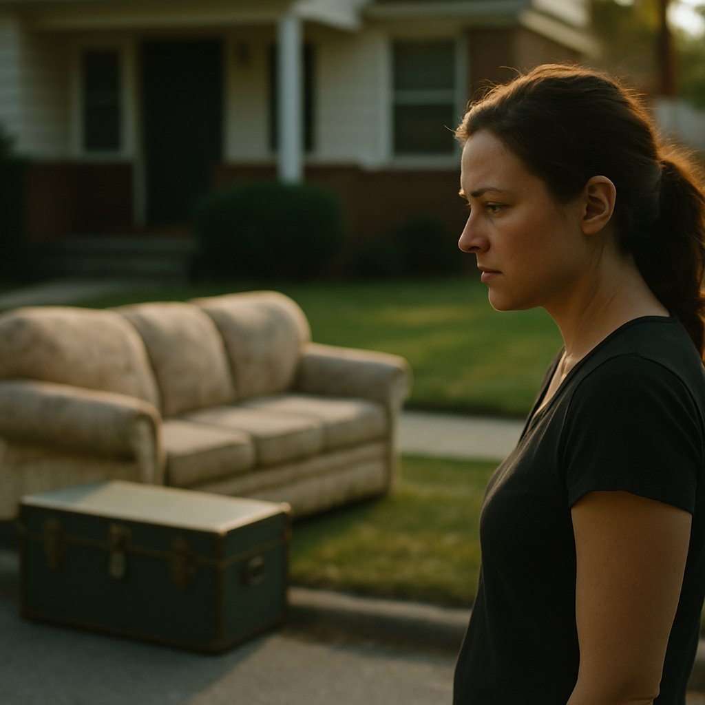 Woman looking across the street at old couch and military trunk outside a man’s house, concern visible on her face.