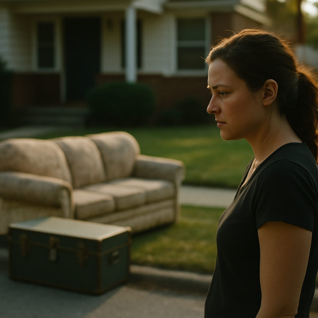 Woman looking across the street at old couch and military trunk outside a man’s house, concern visible on her face.