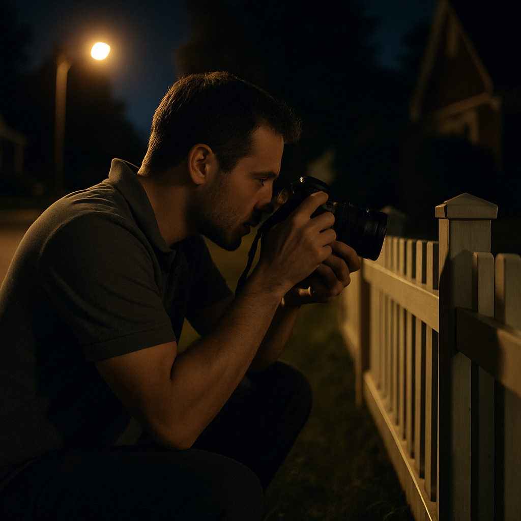 Man crouching by fence at night photographing fence posts under streetlamp.