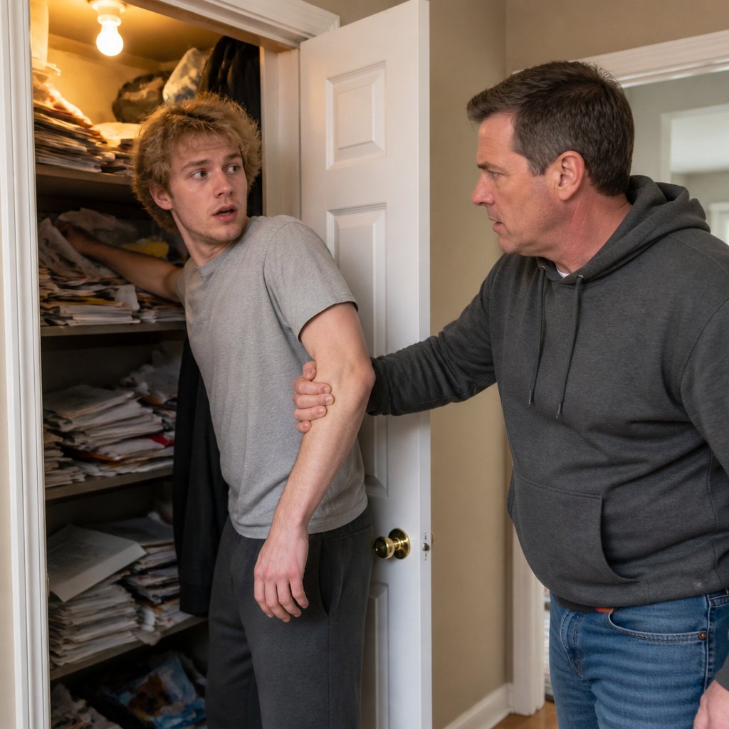 Man reaching into cluttered closet as older man grabs his wrist protectively
