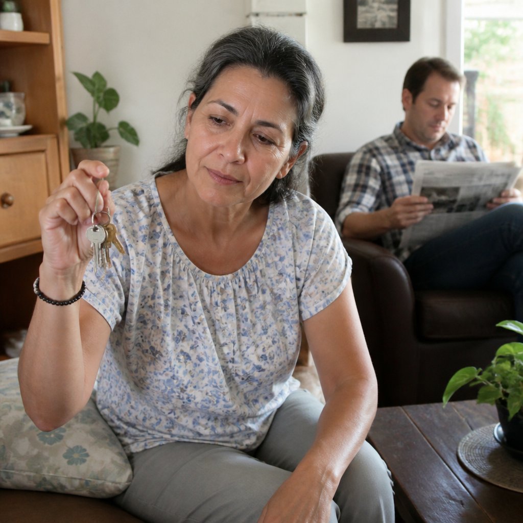 Woman examining keys, man reading newspaper nearby, living room scene.