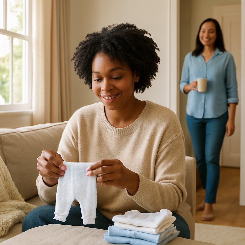 Woman folding baby clothes on couch while another suggests rest from doorway