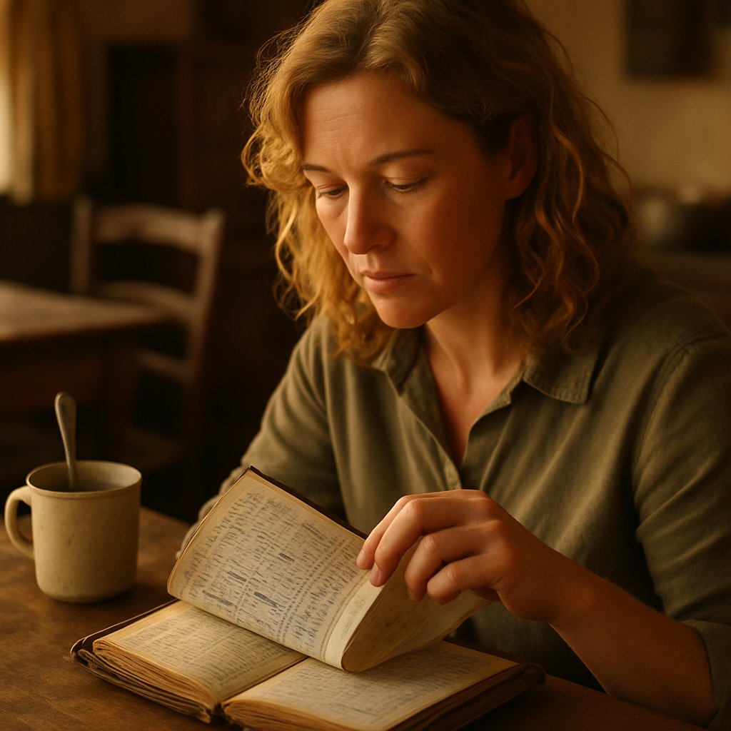 A worn check register lies open on a kitchen table next to a ceramic mug with a spoon.