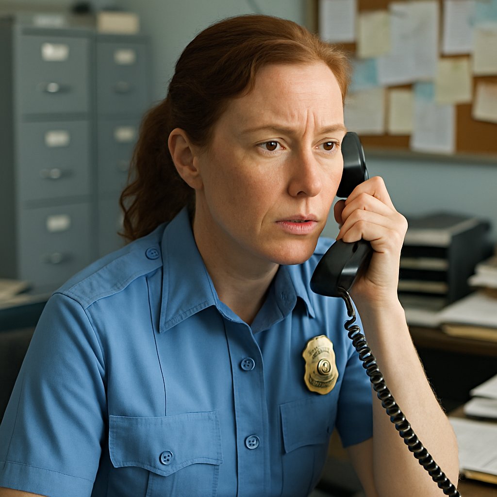 Police officer speaking on phone at desk with office background.