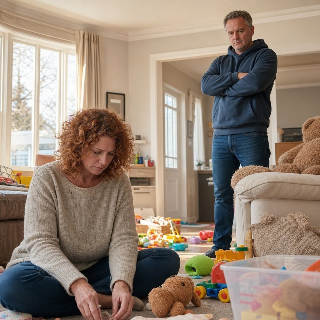 A tense moment between a couple in a cluttered living room, with the man standing and the woman sitting.