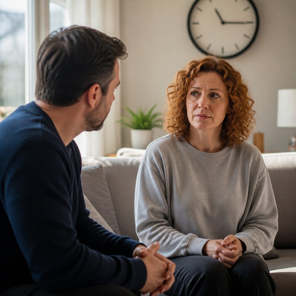 Couple sitting on a couch, tension visible as man requests phone location.
