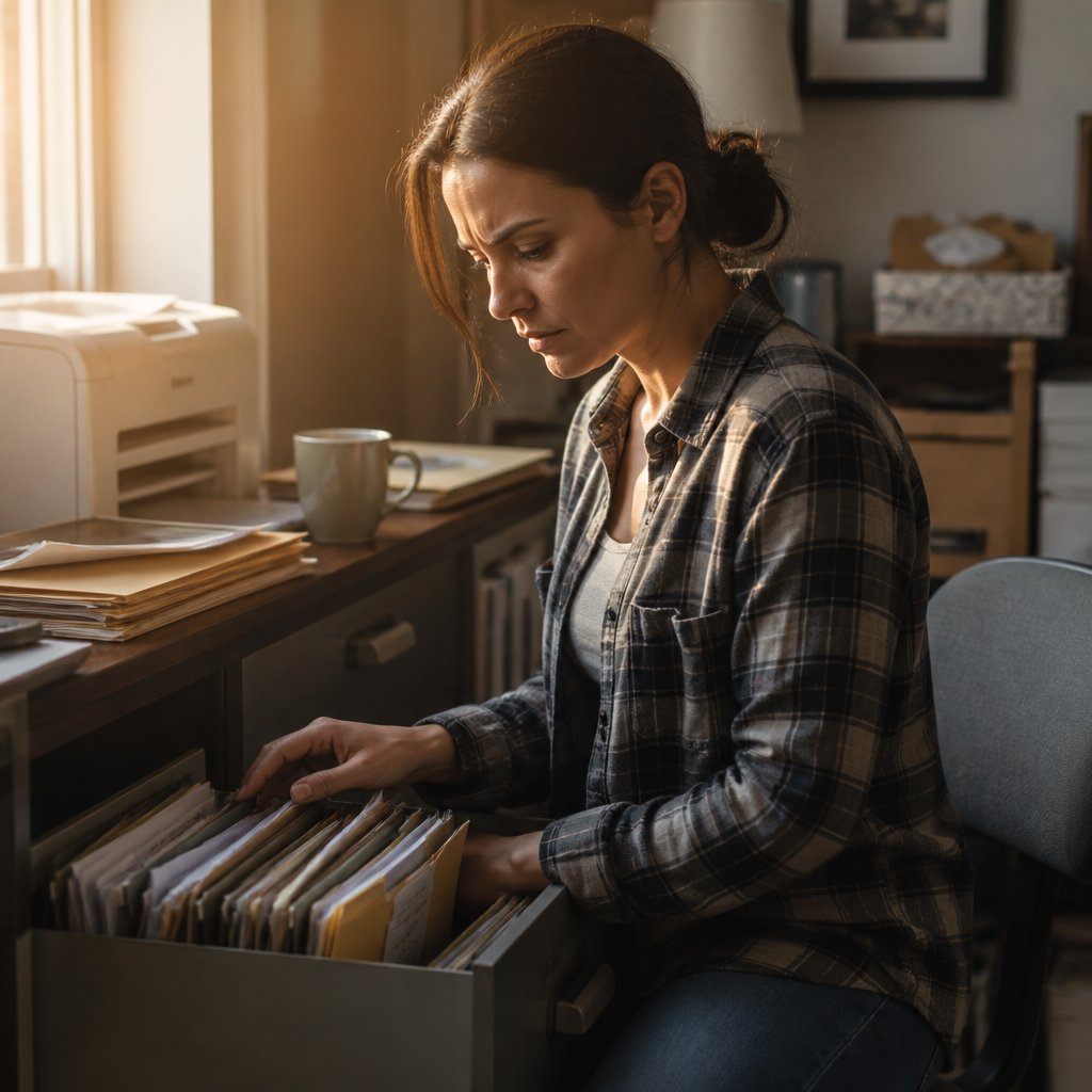 Woman in flannel shirt at home office desk, discovering missing documents in filing cabinet.