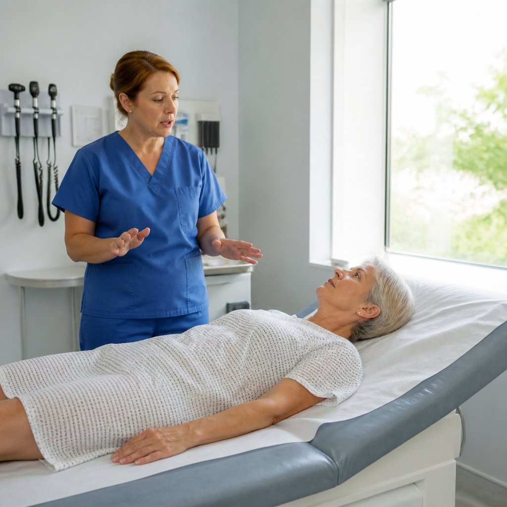 Woman lying on exam table after lumbar puncture, nurse giving instructions.