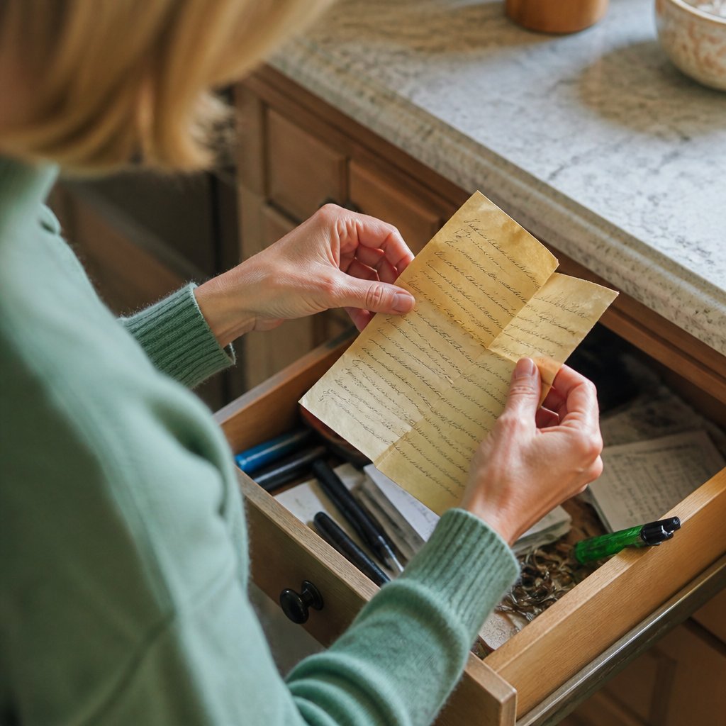 Woman unfolding an old handwritten note in a kitchen drawer.