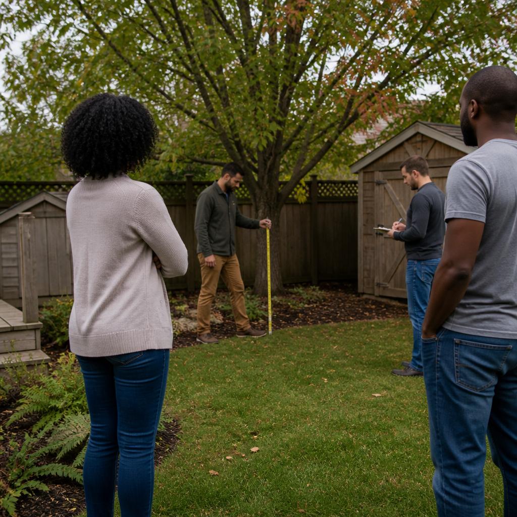 Homeowner observing HOA inspection with neighbor measuring near maple tree in suburban backyard.