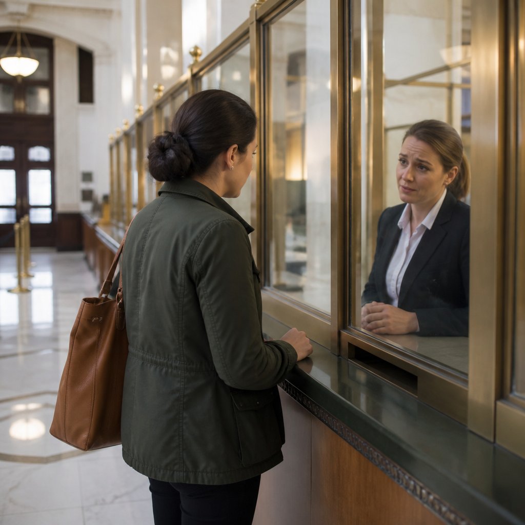 Person at a bank counter being told safe-deposit box can’t be opened.