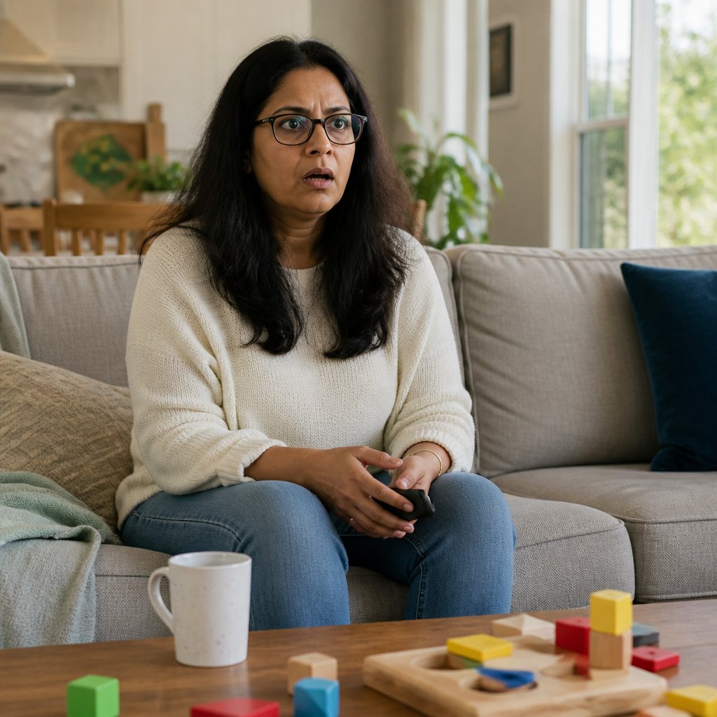 Woman sits on couch looking shocked, phone face-down on lap, toys and mug nearby.