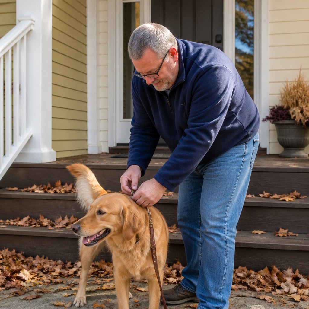 Man in navy fleece clipping leash on golden retriever on front porch with autumn leaves.