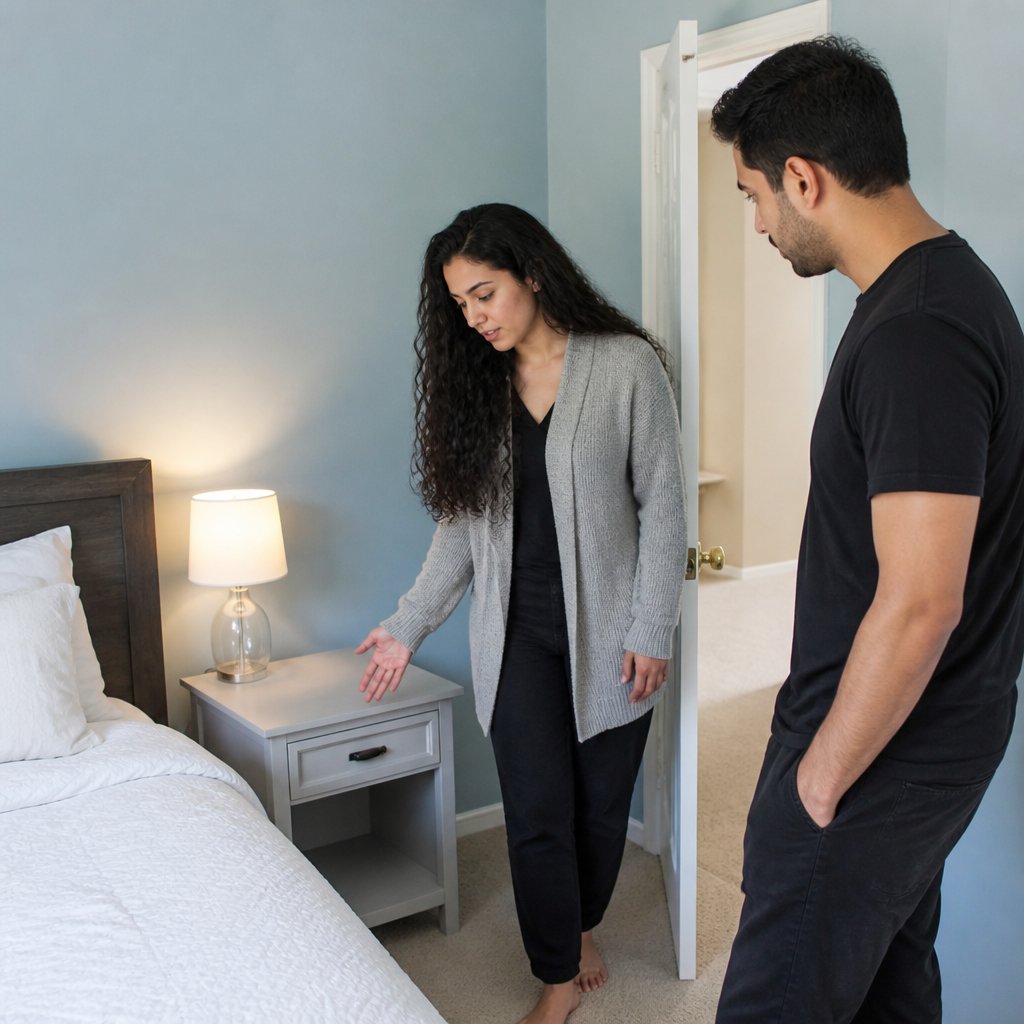 Woman watching empty nightstand as man shrugs in bedroom doorway.