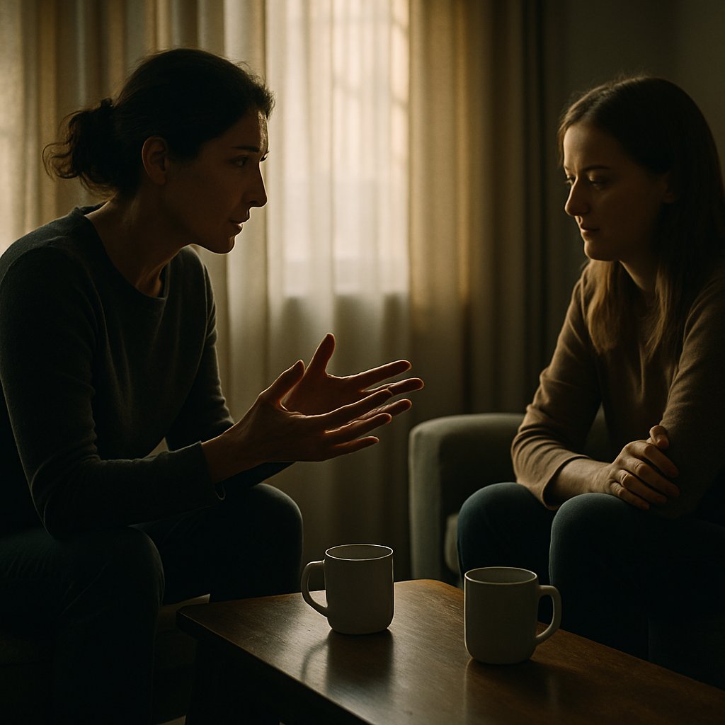 Tense living room conversation with coffee cups, smiling but strained expressions