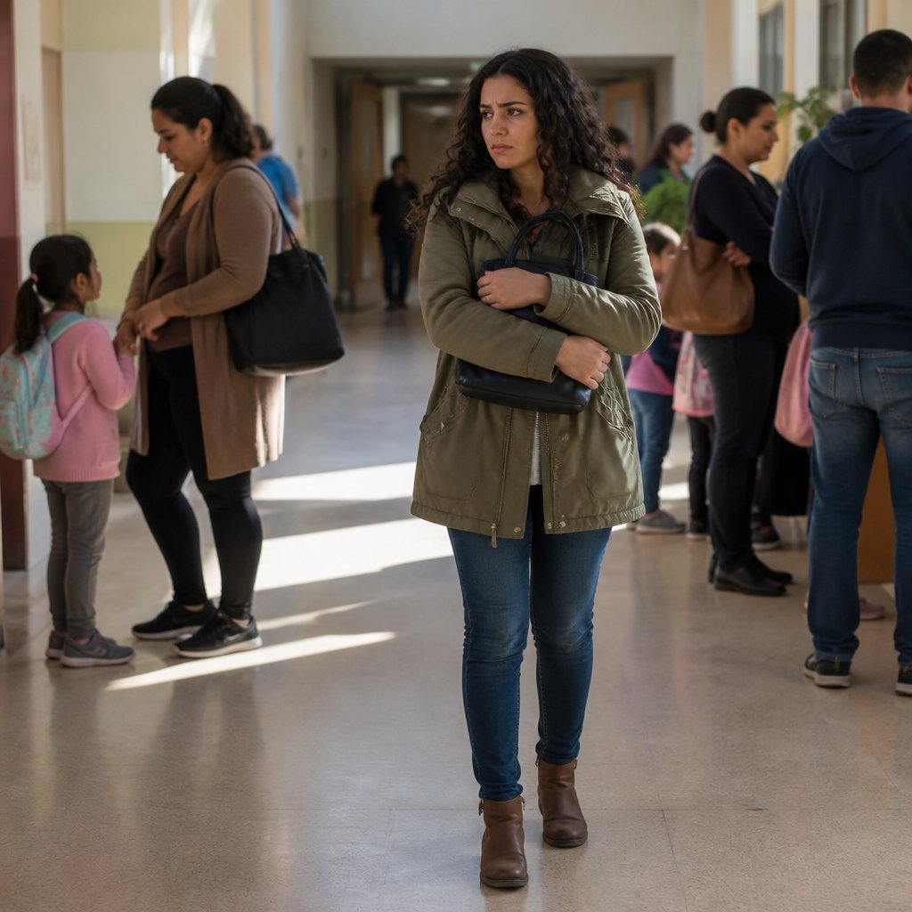 Woman looking frustrated in school hallway clutching bag