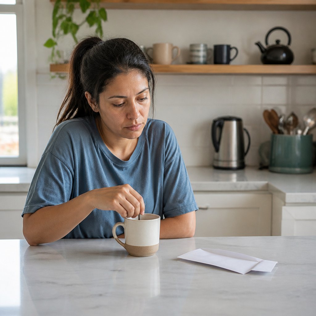 Woman sitting alone at kitchen island stirring coffee looking tired