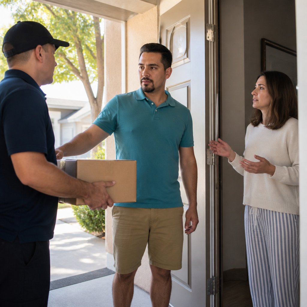 A driver waits with a package while Evan steps in front of Mara and provides a code.