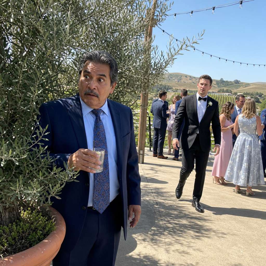 A shaken man hides near an olive tree as the groom notices him and starts walking over.