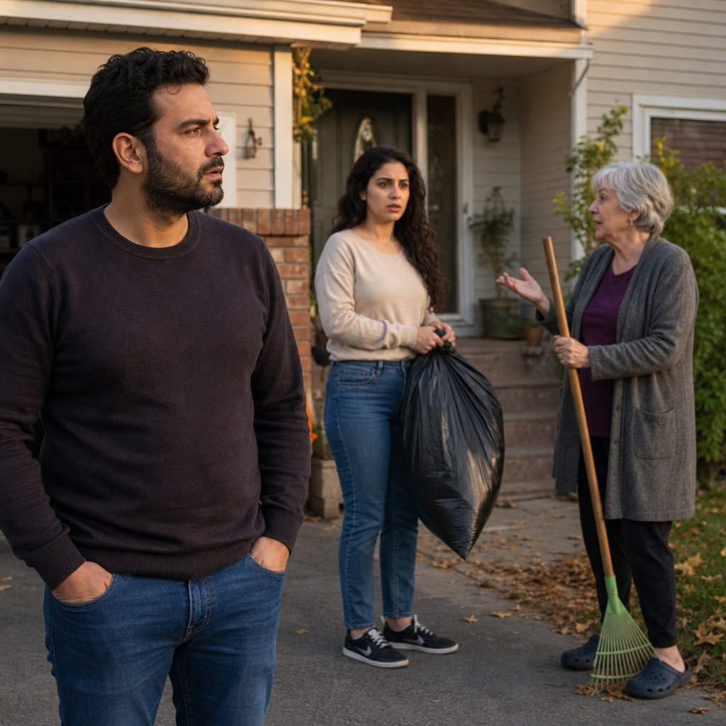 A woman holding a trash bag stares at her front door while an older neighbor chats beside a rake.