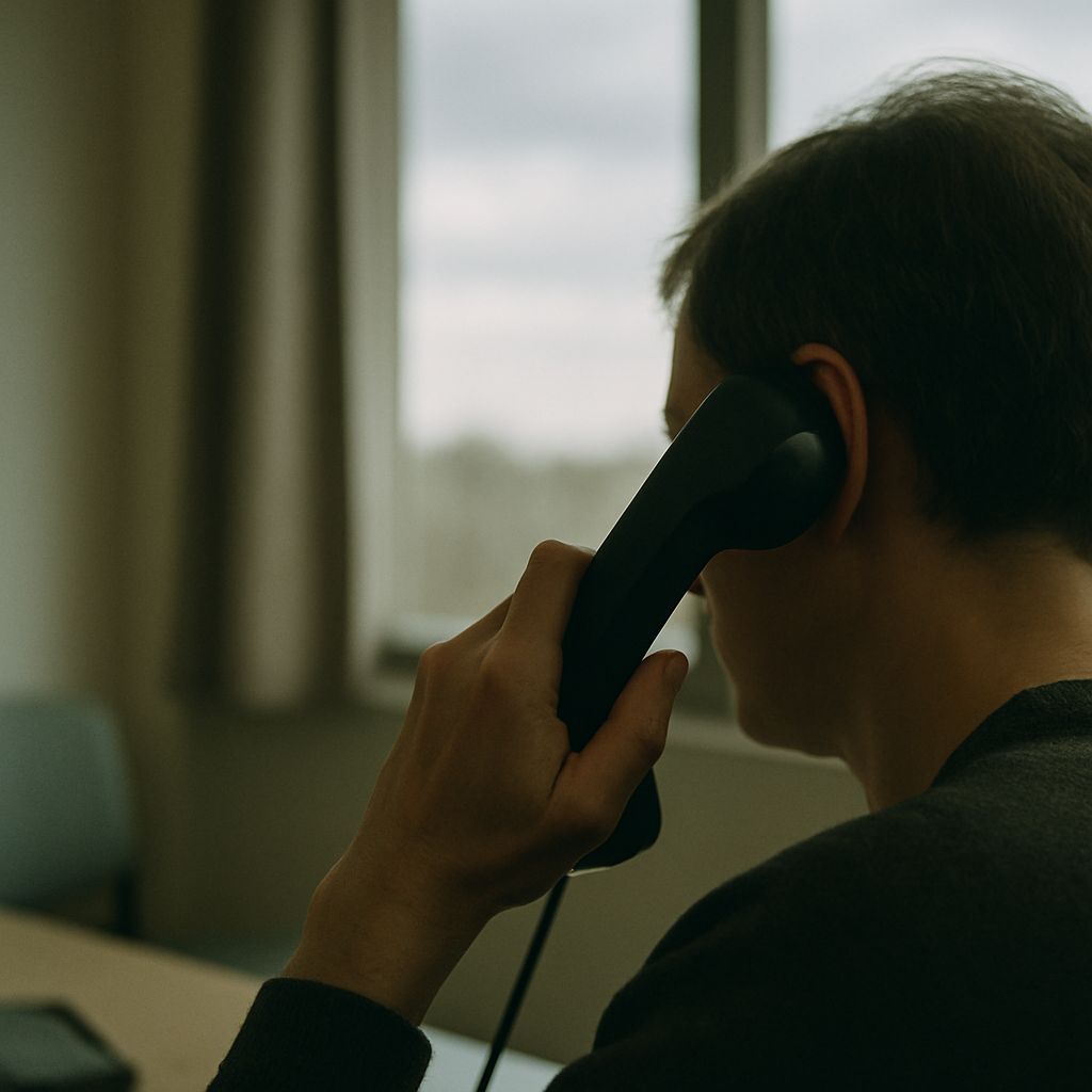 Person holding phone indoors with gray sky outside window