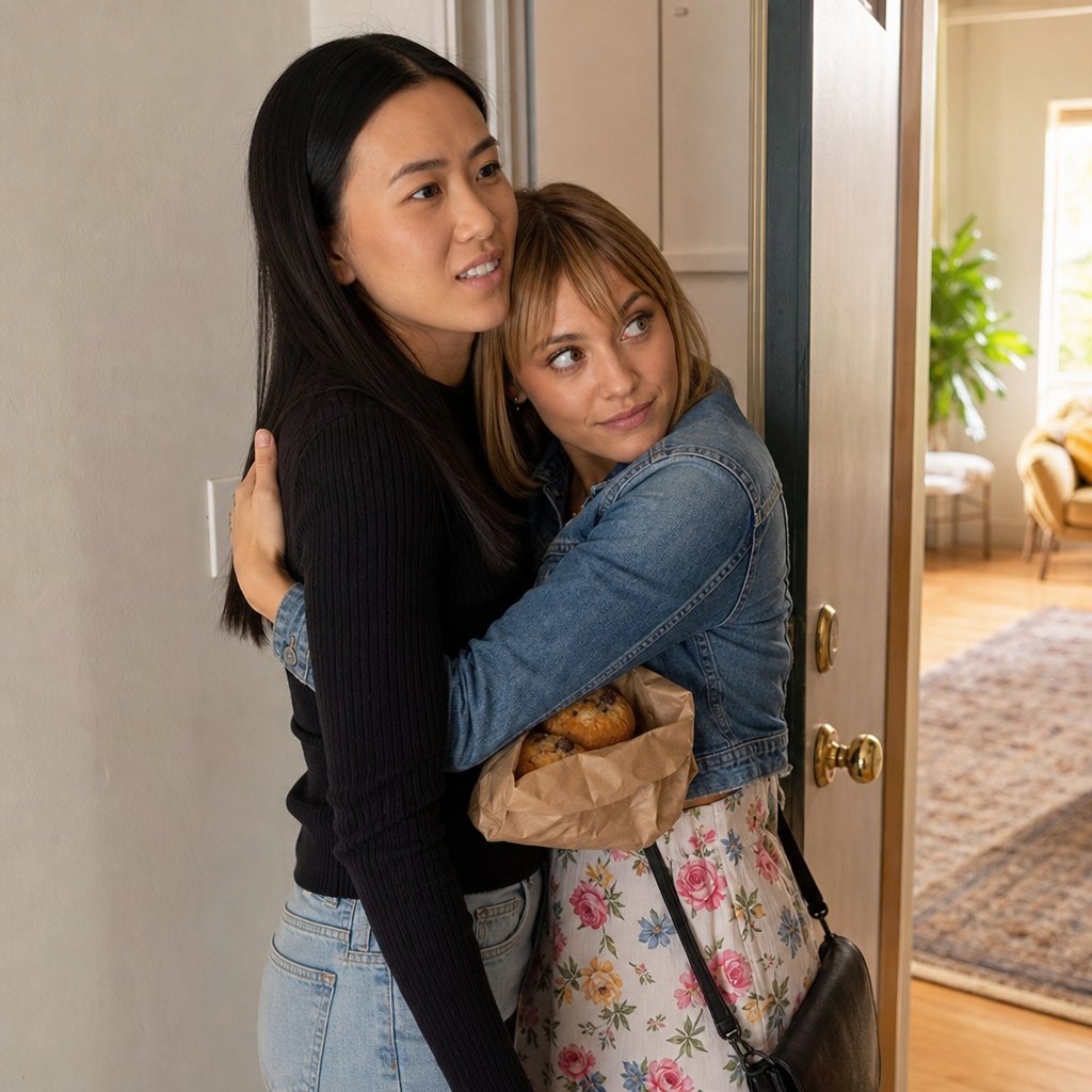Kelsey hugs Mara too long while holding muffins, scanning the apartment.