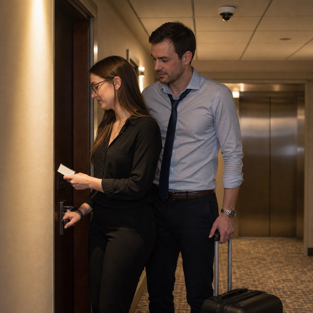 In a hotel hallway, a young woman with glasses unlocks her door while a close-standing man with a suitcase follows her off the elevator.