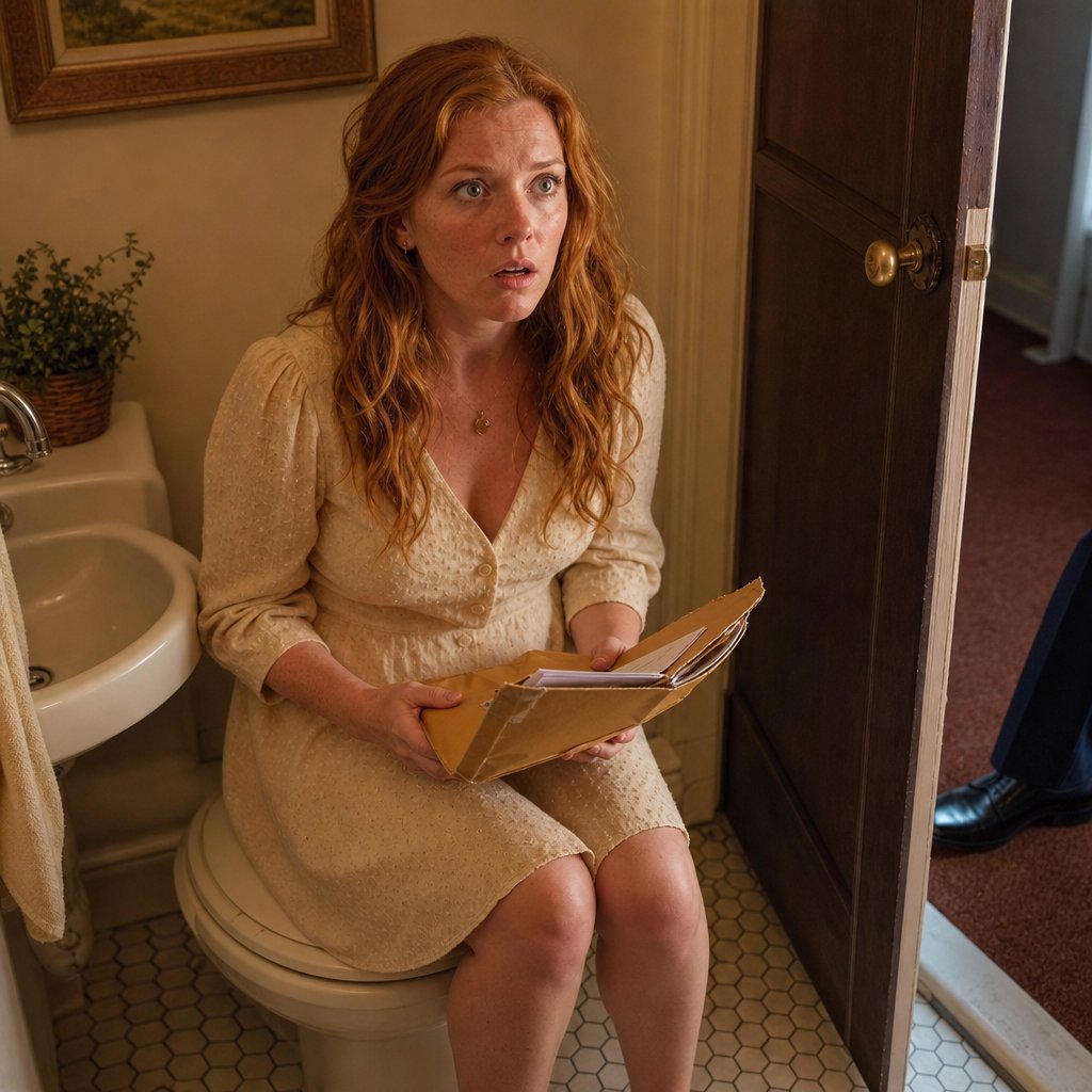 In a restroom, the bride sits stunned with papers spilling from a taped manila envelope as someone stands just outside the door.