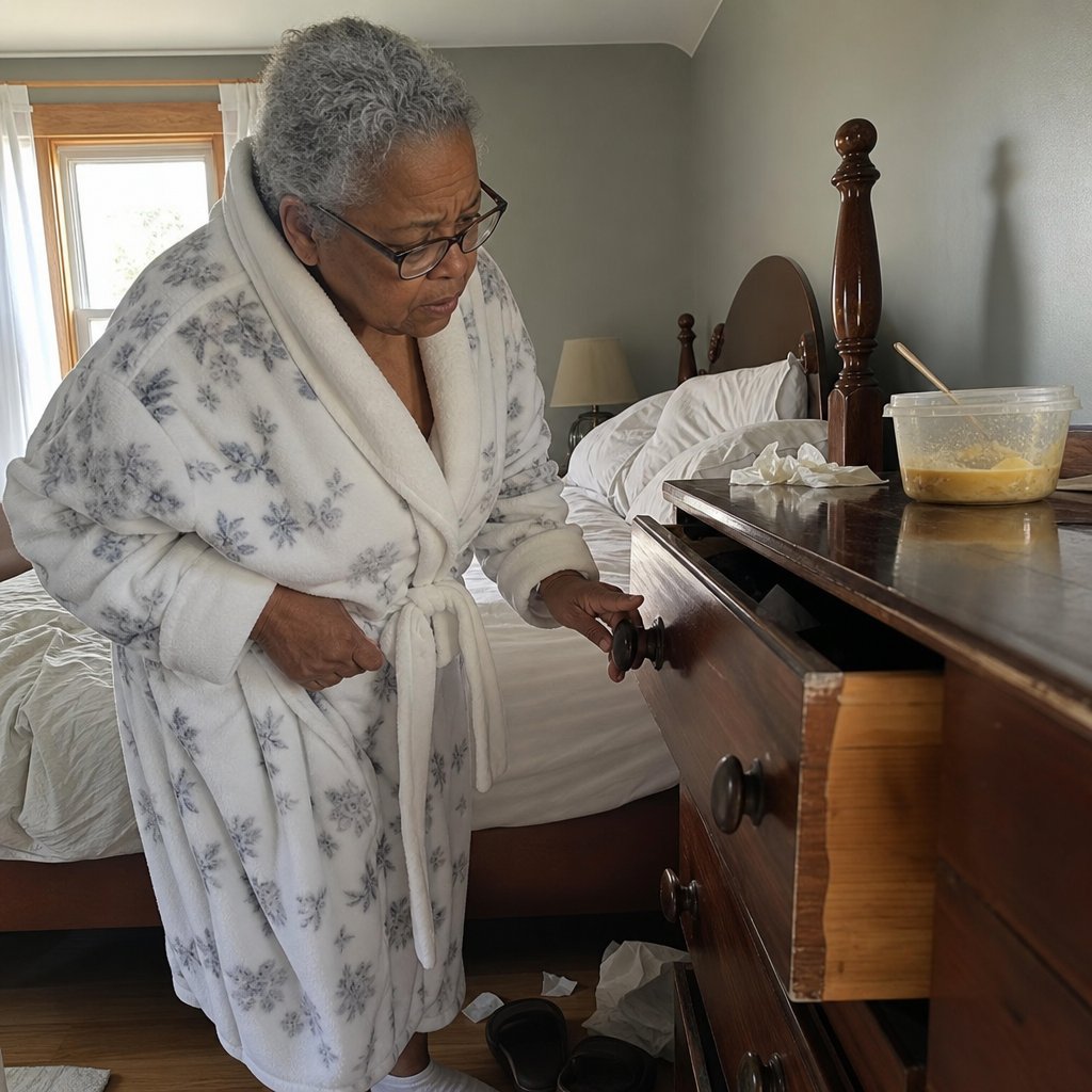 An older woman in a robe stares at a dresser drawer that sits slightly ajar, her hand frozen on the handle.
