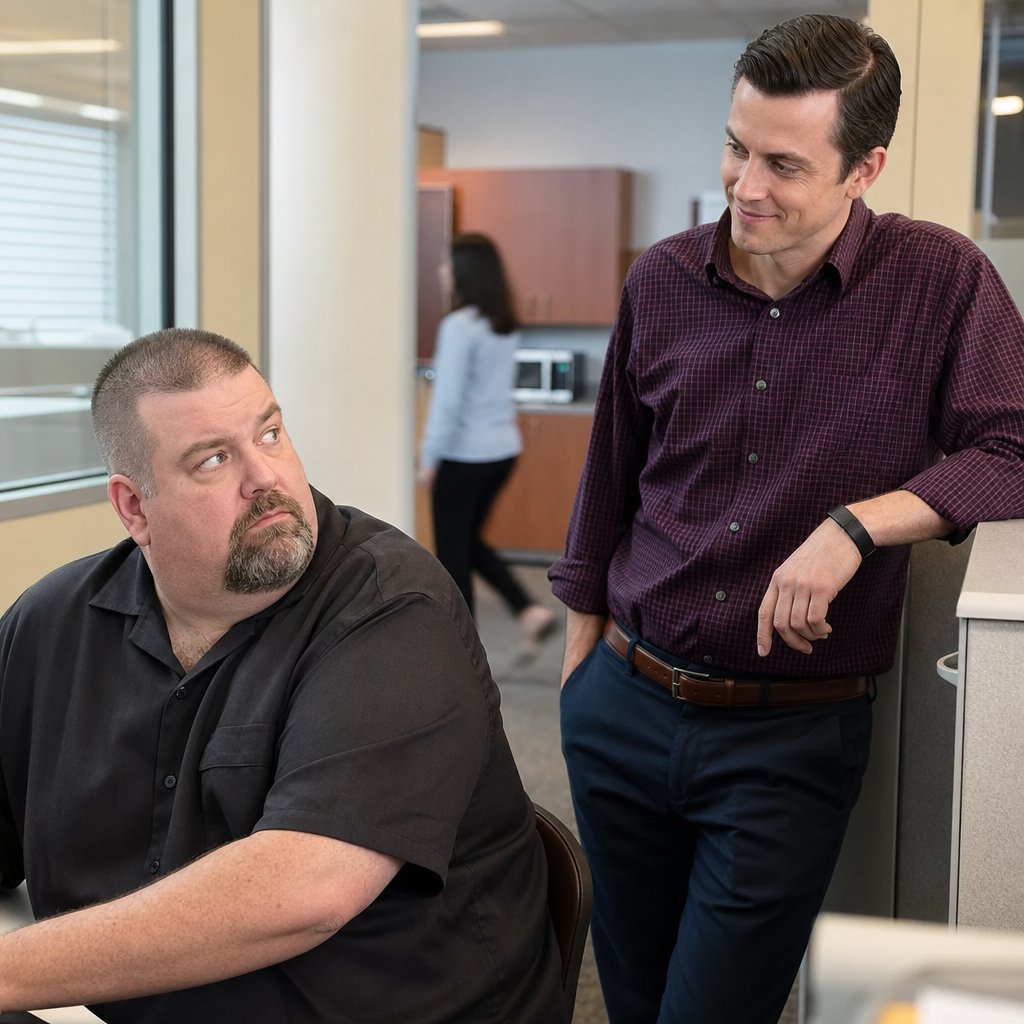 A suspicious man looks up at a coworker leaning on his cubicle wall with a forced smile.