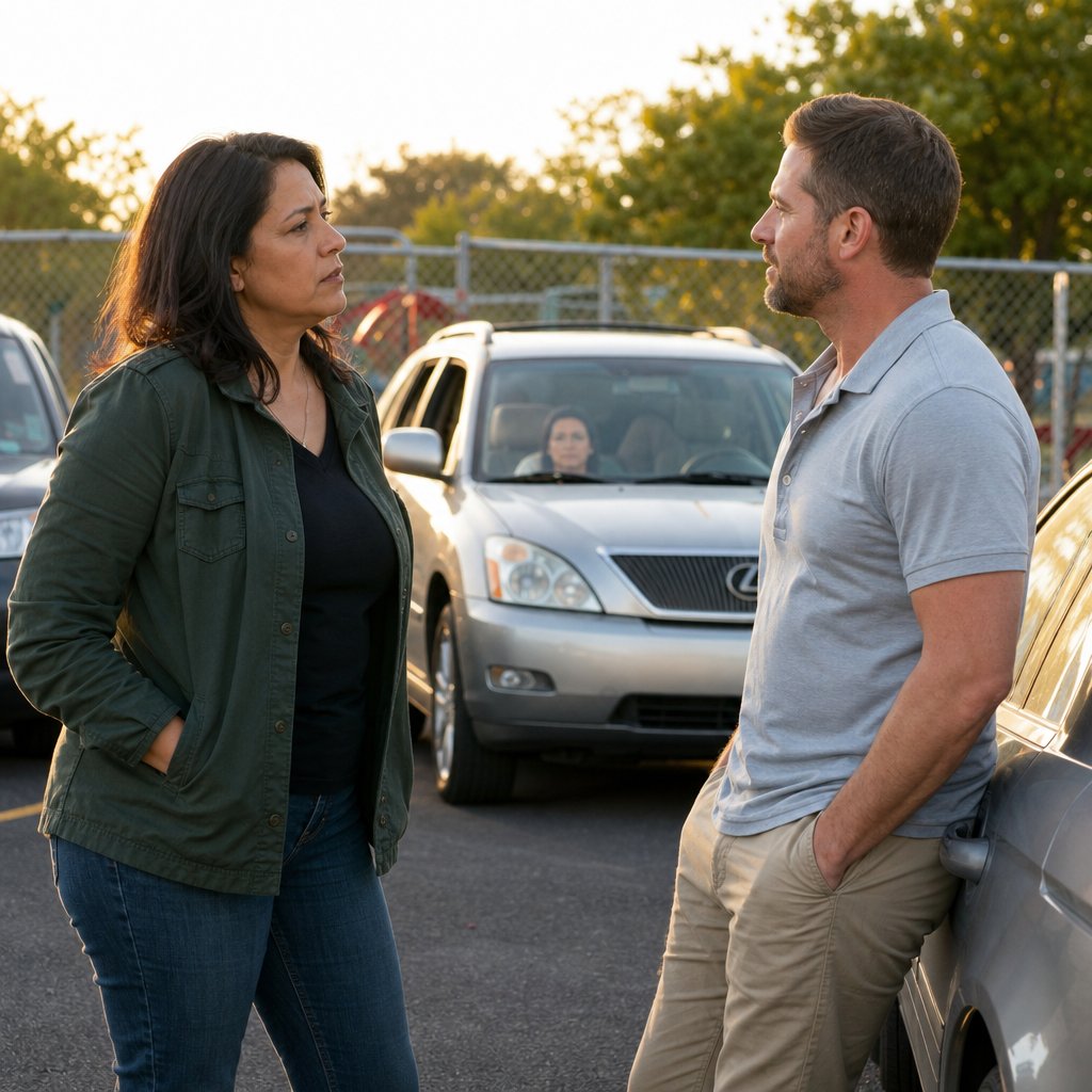 Mara confronts Grant in a parking lot while a woman watches from a Lexus in the background.