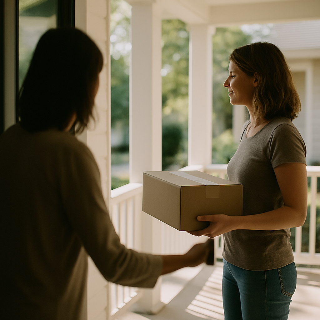 Woman holding a package on front porch with door open.