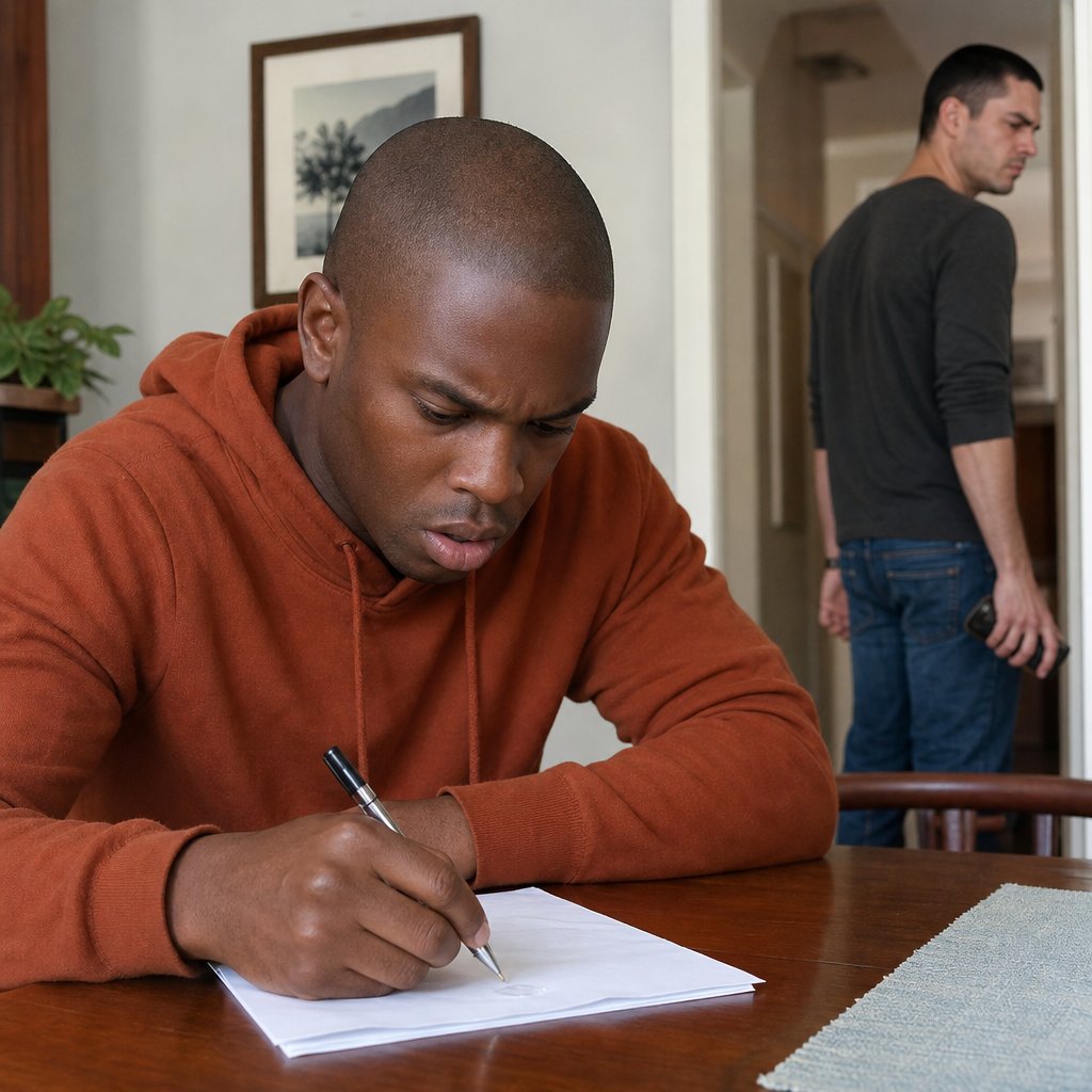 A young man marks dates at a table while another man stands in the hall, tense as if caught mid-call.