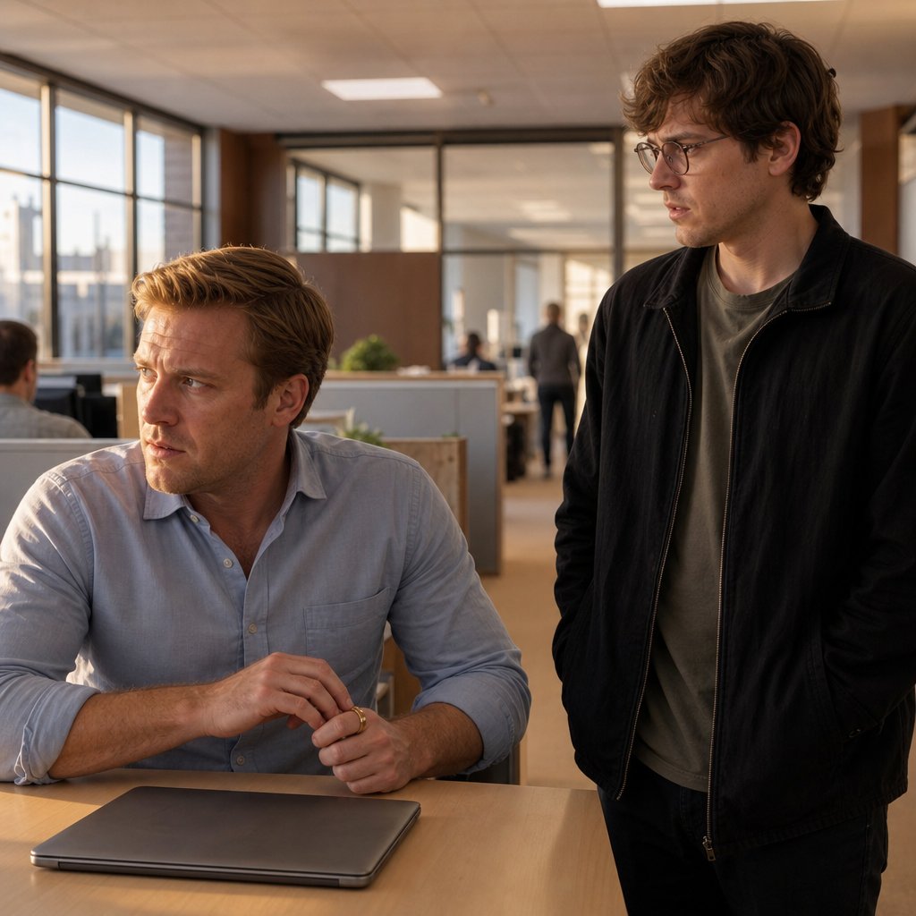 At a desk pod, Mason twists his wedding ring and looks tense as Iris watches nearby.