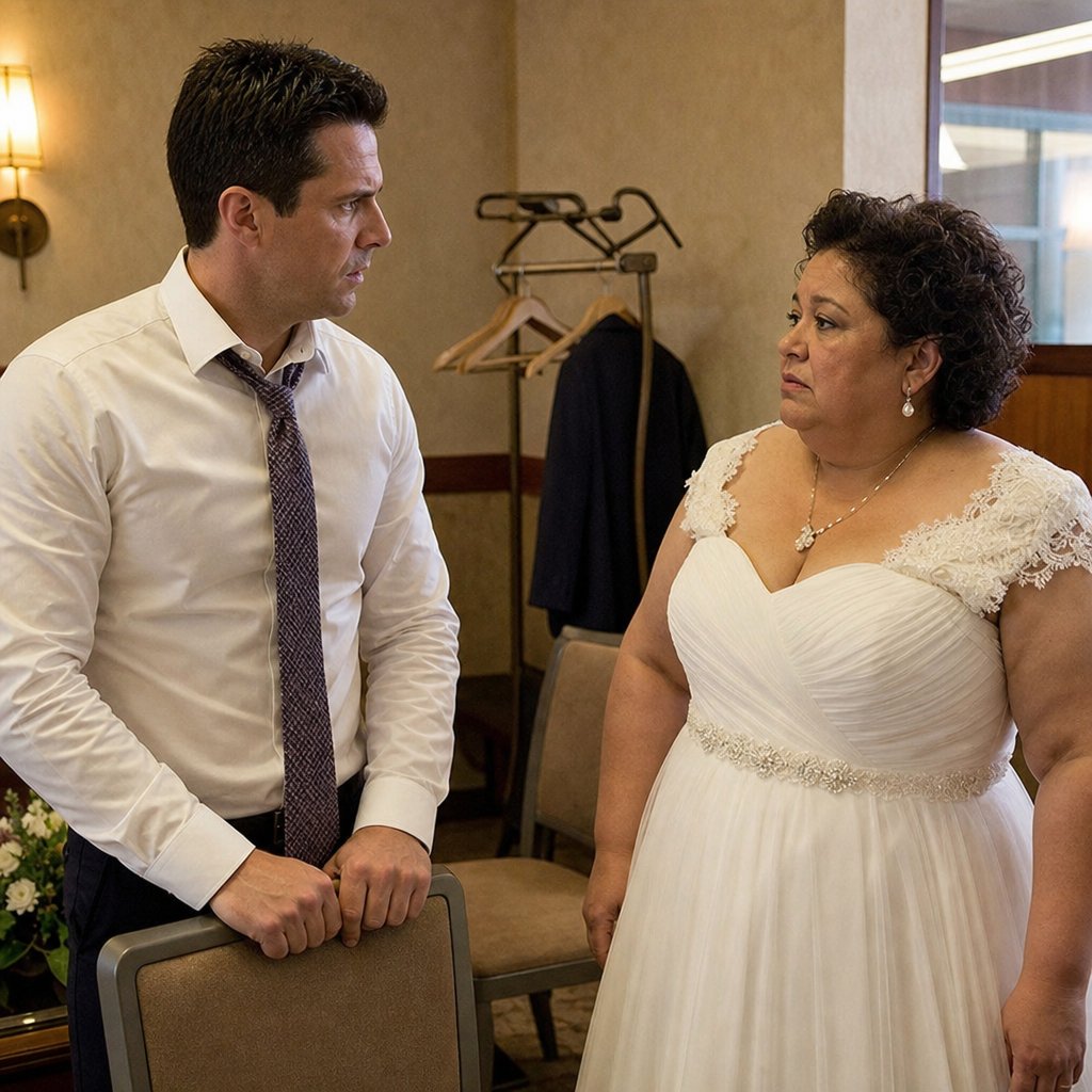In a side room, the groom confronts the bride, gripping a chair as she stands her ground.