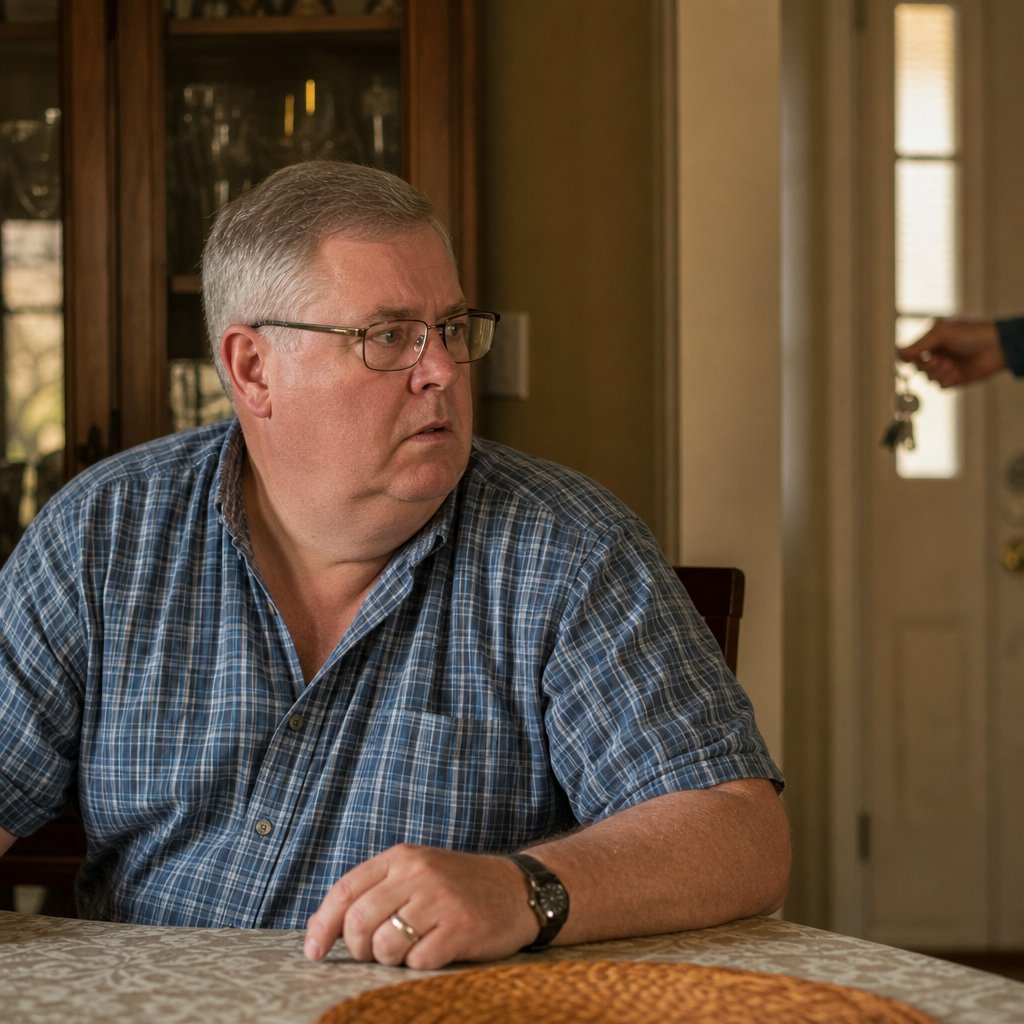 A gray-haired man with glasses sits rigid at a table, staring toward the hall as keys appear near the front door.