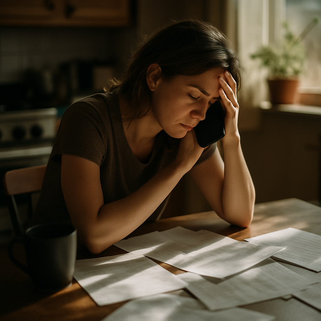 Woman frustrated on phone at kitchen table during calls to pawn shops.