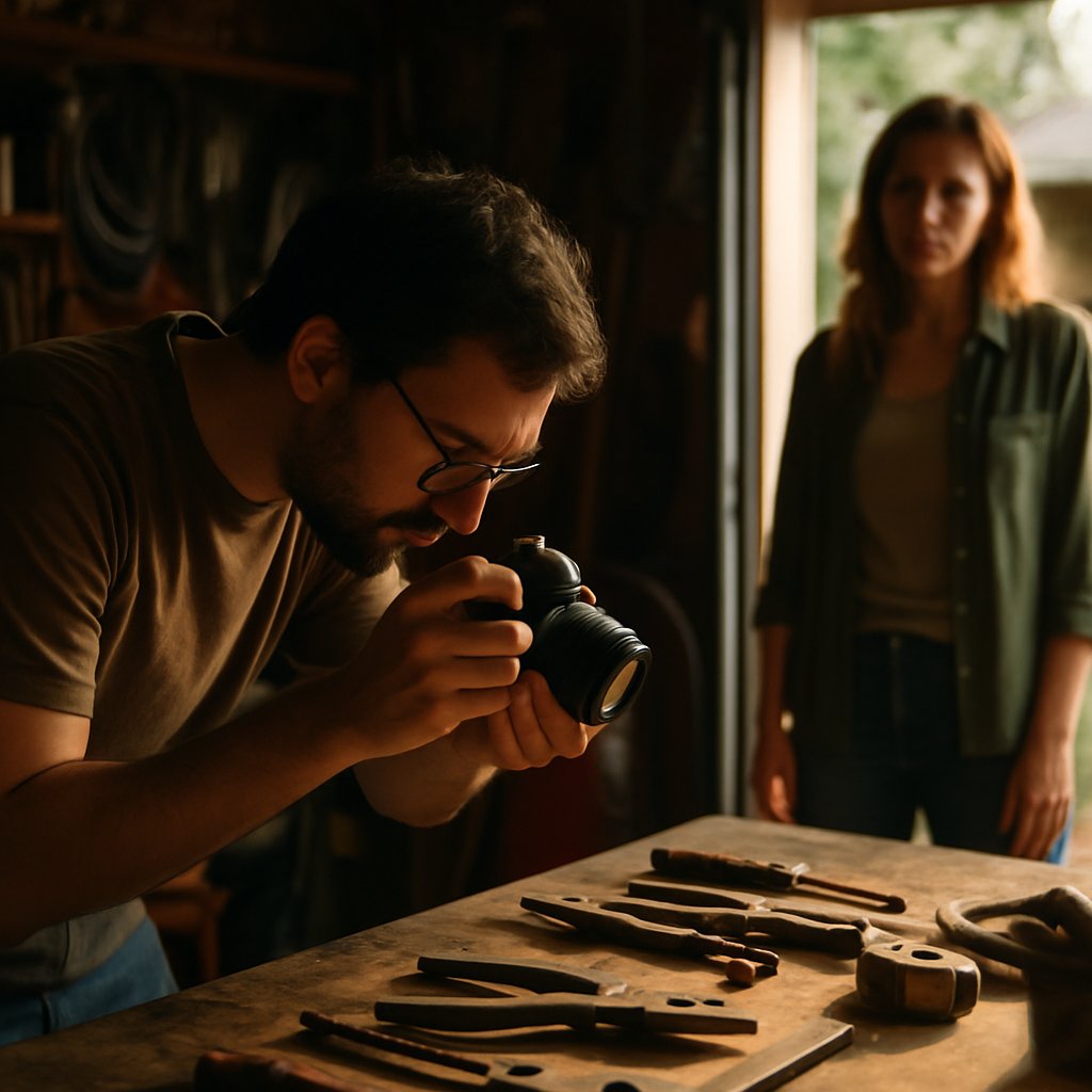 Man photographing tools in garage while woman watches quietly