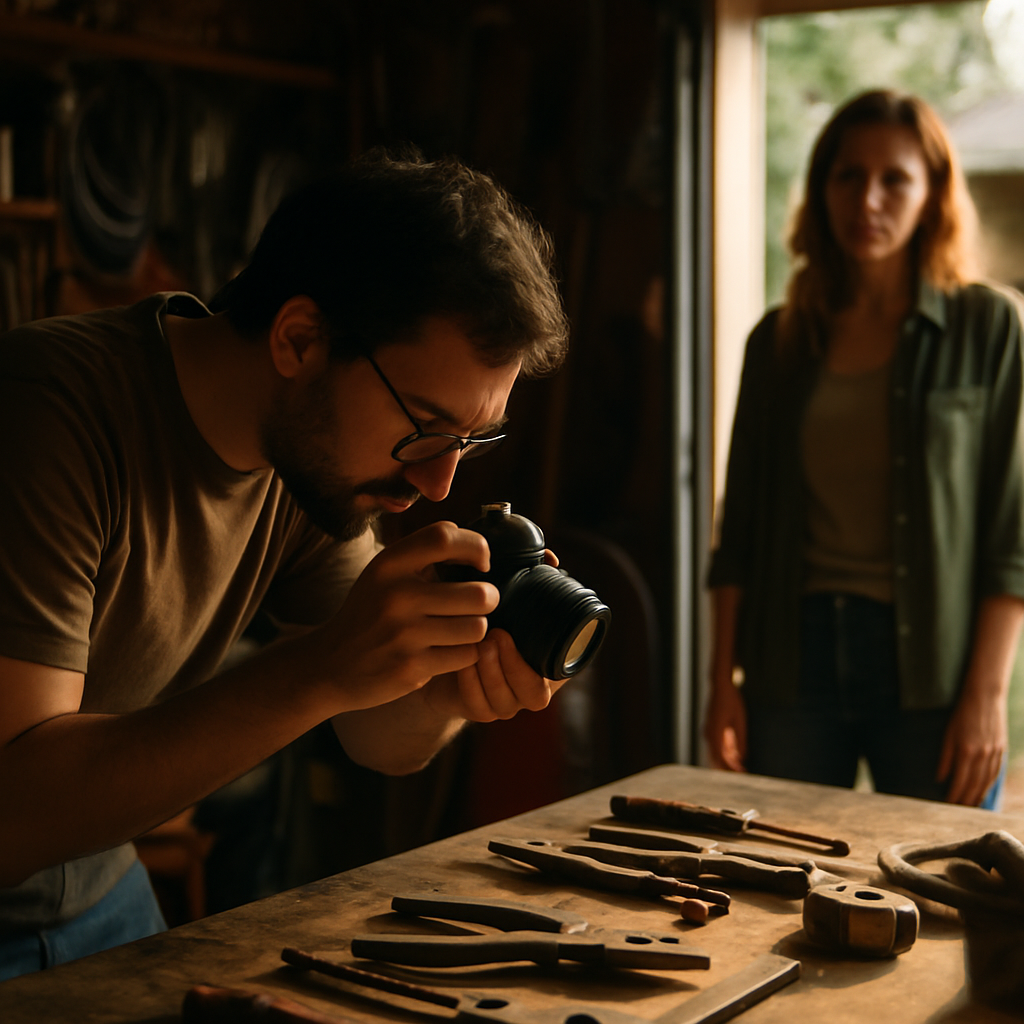 Man photographing tools in garage while woman watches quietly