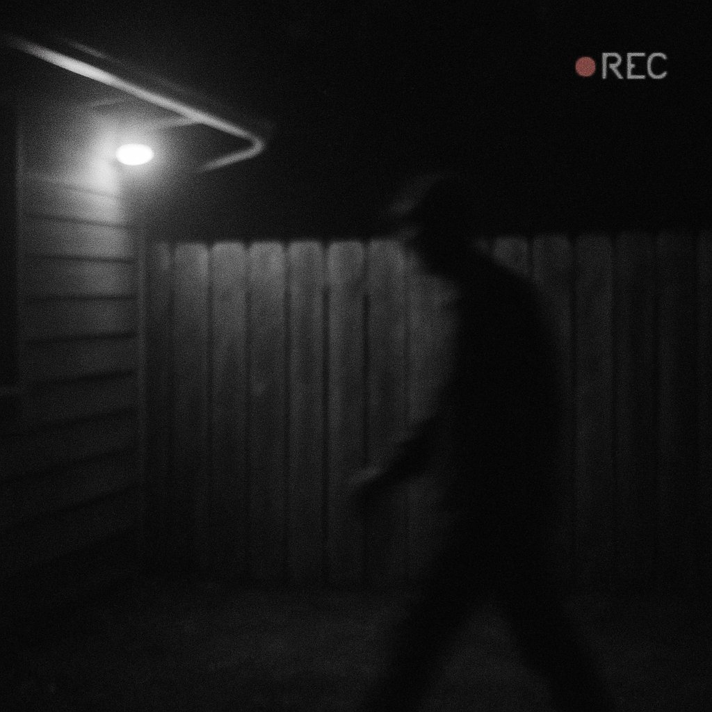 Blurry shadowy figure caught on night security camera walking near fence.