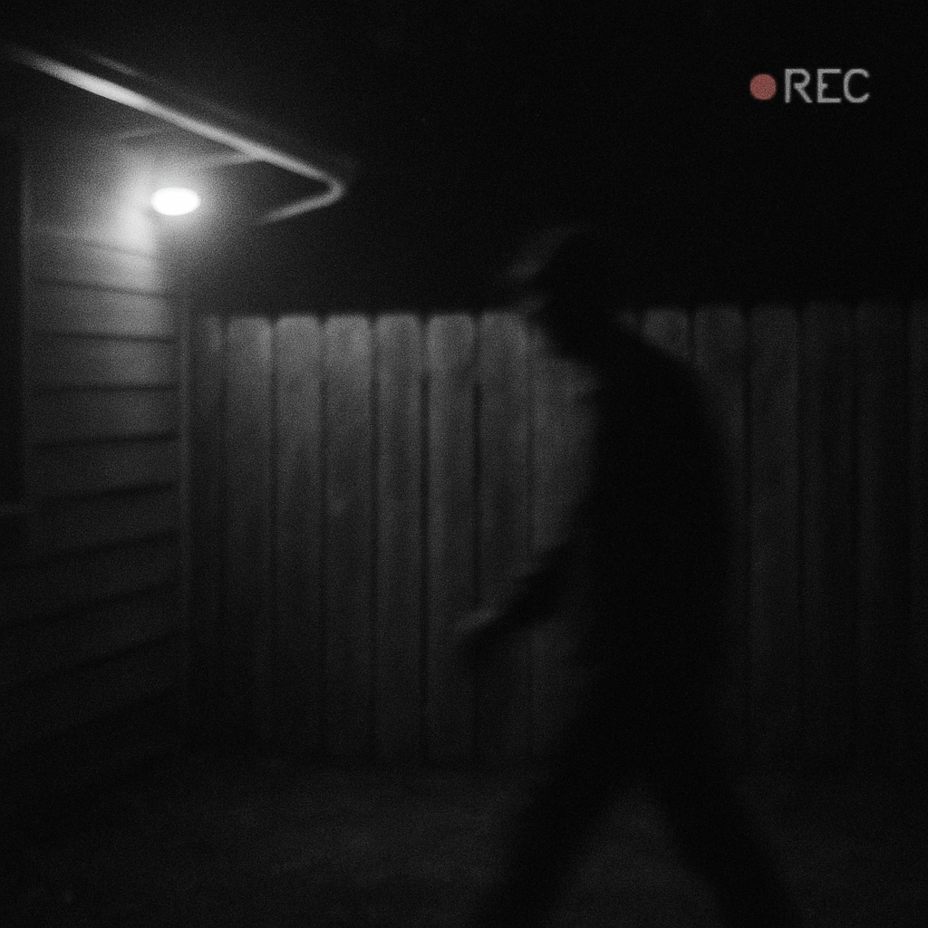 Blurry shadowy figure caught on night security camera walking near fence.
