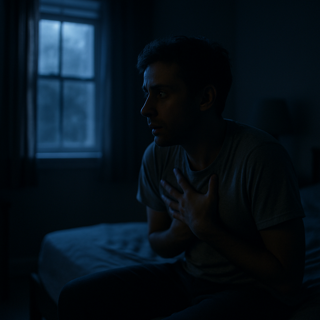 Person awake at night experiencing heart palpitations