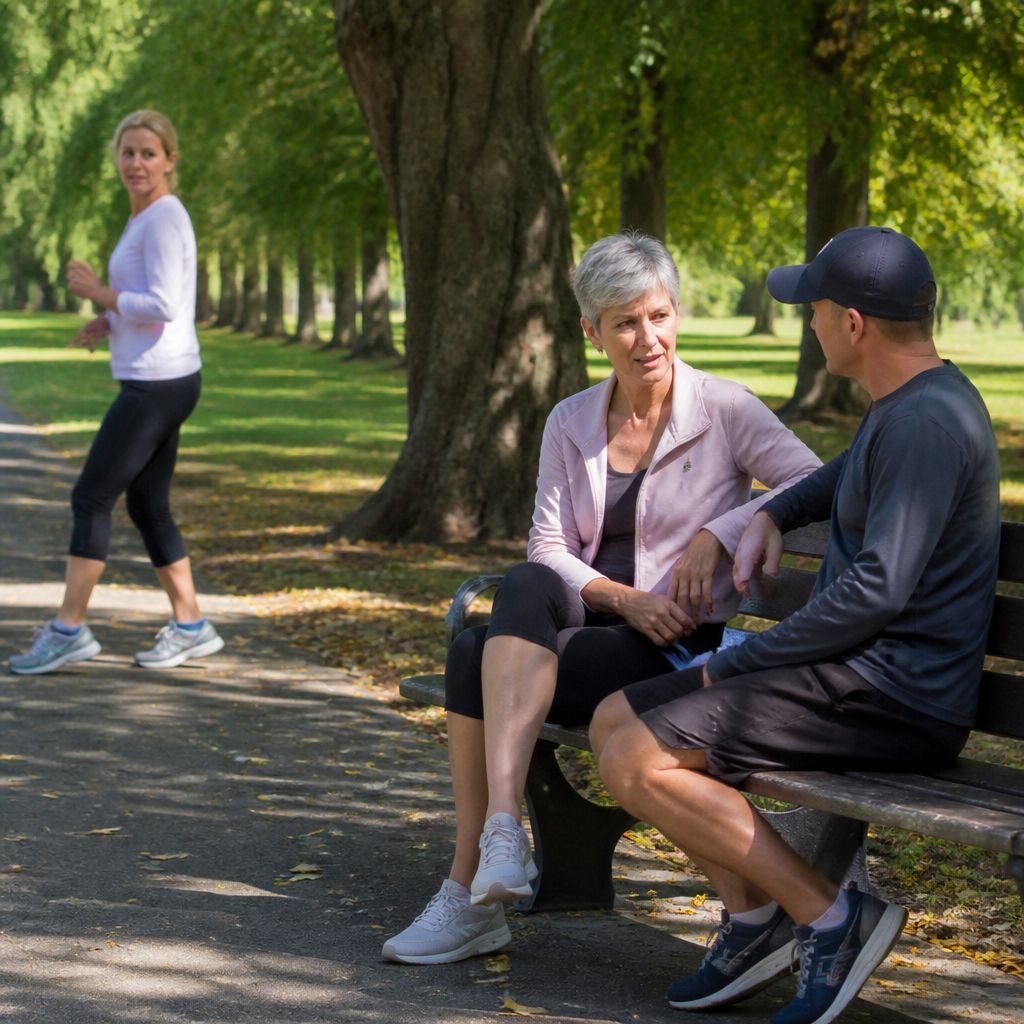 Two strangers whisper on park bench; woman jogging nearby looks worried.
