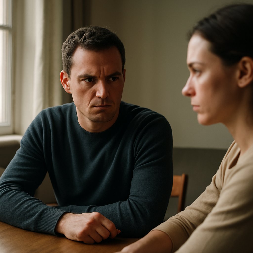 Man and woman facing each other indoors, tension clear in their expressions.