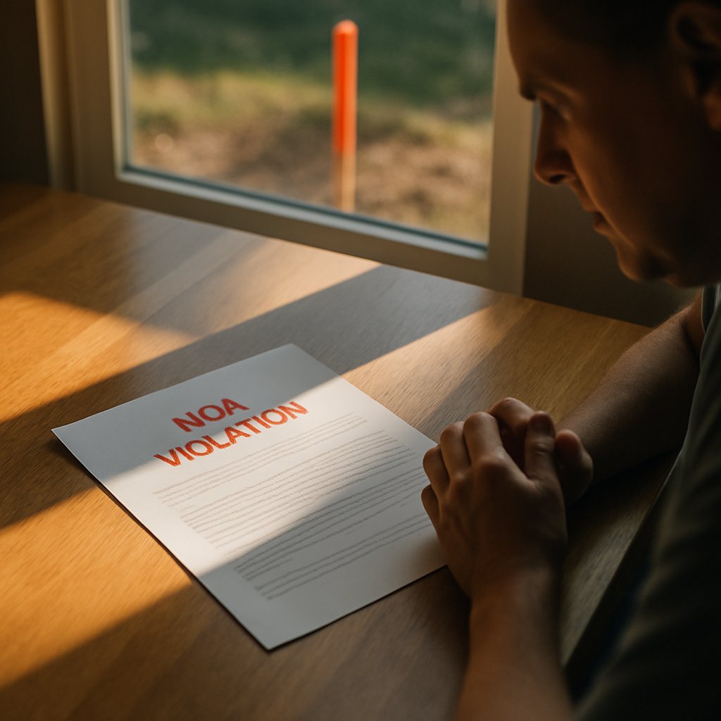 HOA violation letter in red ink on table with orange stake visible outside window.