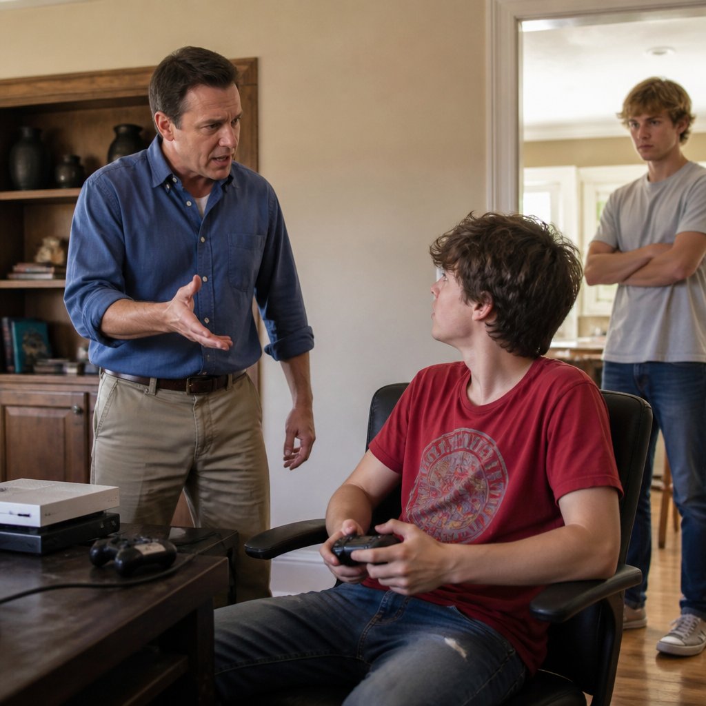 Man angrily scolding his teen son while young man watches from doorway