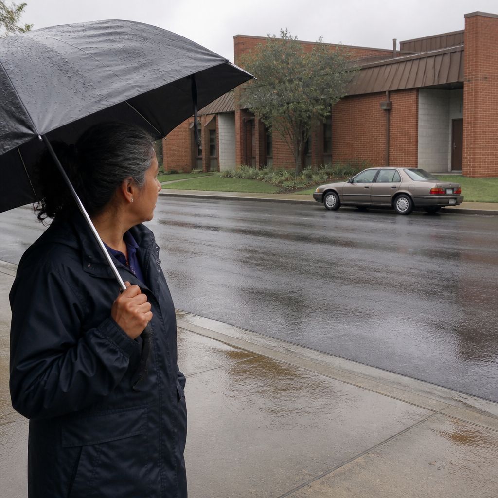 Woman standing by rainy street looking at car parked behind community center.