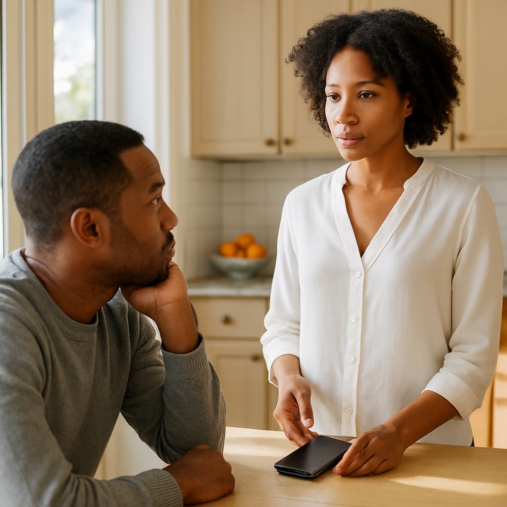 Man at kitchen table with woman holding phone, looking thoughtful and calm